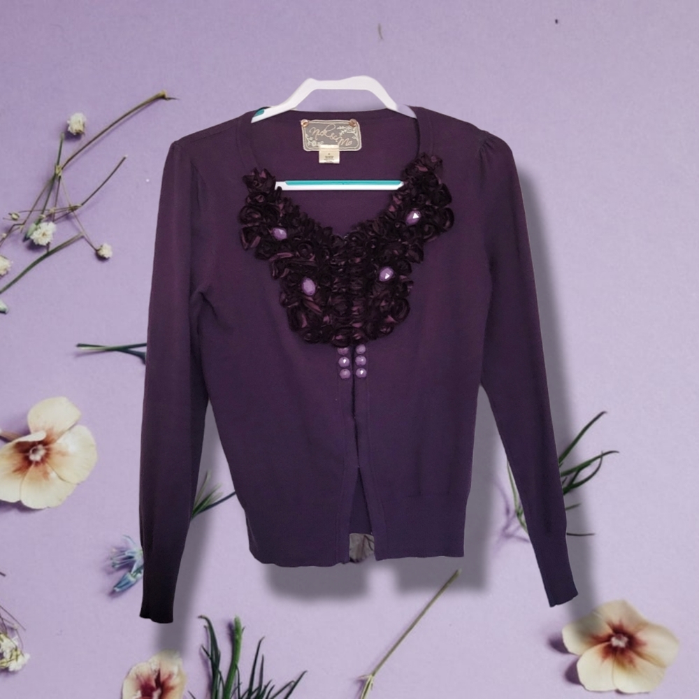 Nick & Mo | Cute Purple Floral Applique Embellished Cardigan (SIZE M)